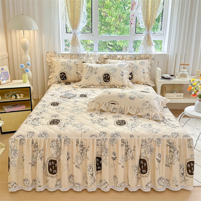 91家纺网 家纺一手货源 找家纺 忘忧草 2025新款全棉夹棉印花床裙四件套纯棉 宁静花开