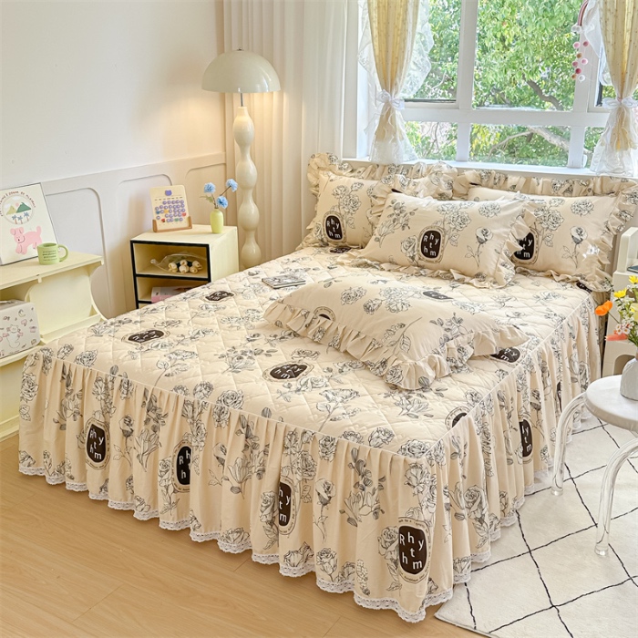 91家纺网 家纺一手货源 找家纺 忘忧草 2025新款全棉夹棉印花床裙四件套纯棉 宁静花开