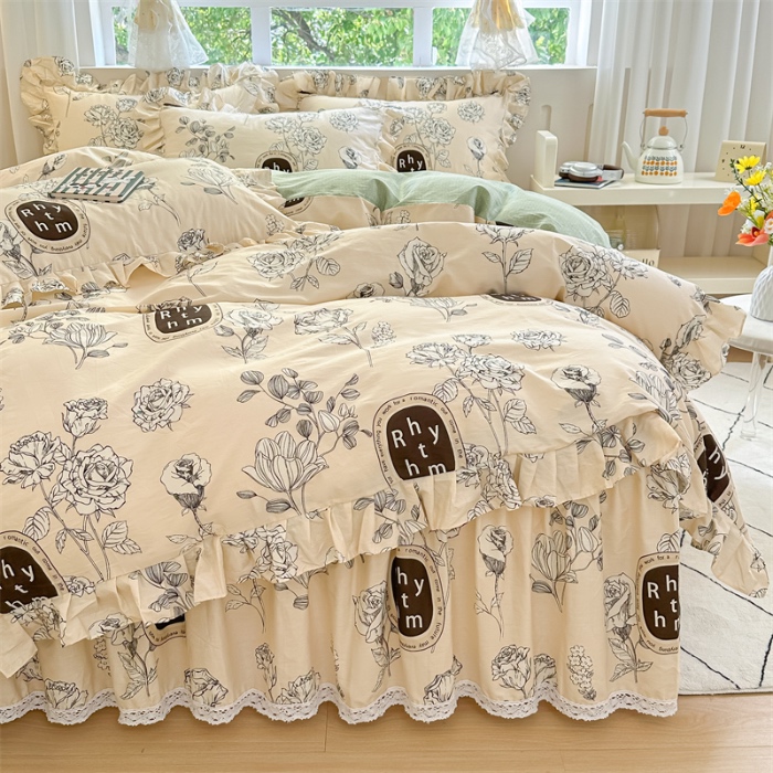 91家纺网 家纺一手货源 找家纺 忘忧草 2025新款全棉夹棉印花床裙四件套纯棉 宁静花开