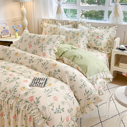 忘忧草 2025新款全棉夹棉印花床裙四件套纯棉 轻婉花语