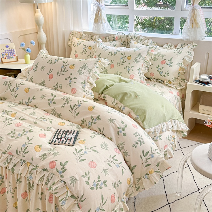 91家纺网 家纺一手货源 找家纺 忘忧草 2025新款全棉夹棉印花床裙四件套纯棉 轻婉花语