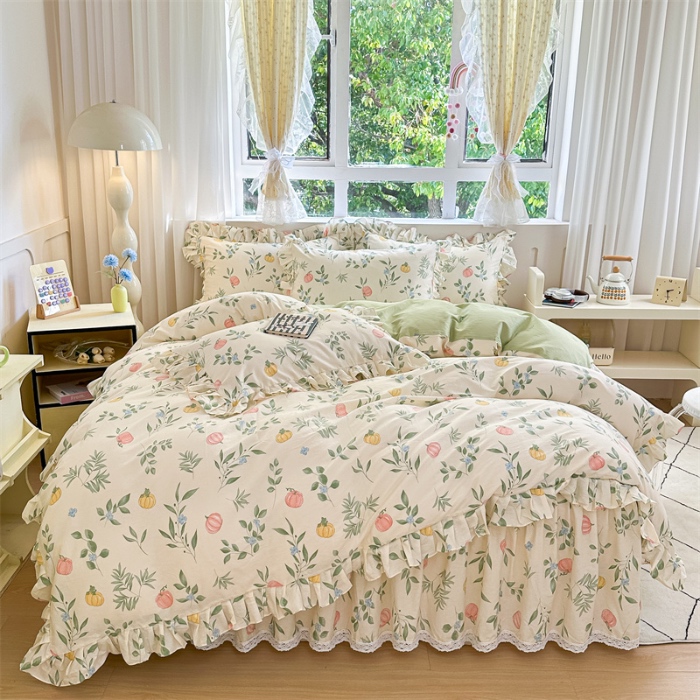 91家纺网 家纺一手货源 找家纺 忘忧草 2025新款全棉夹棉印花床裙四件套纯棉 轻婉花语