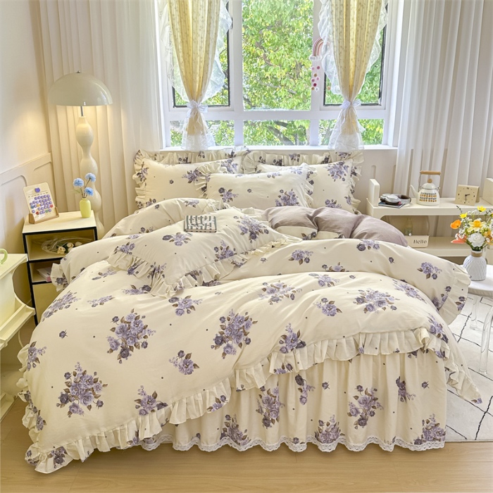 91家纺网 家纺一手货源 找家纺 忘忧草 2025新款全棉夹棉印花床裙四件套纯棉 婷锦