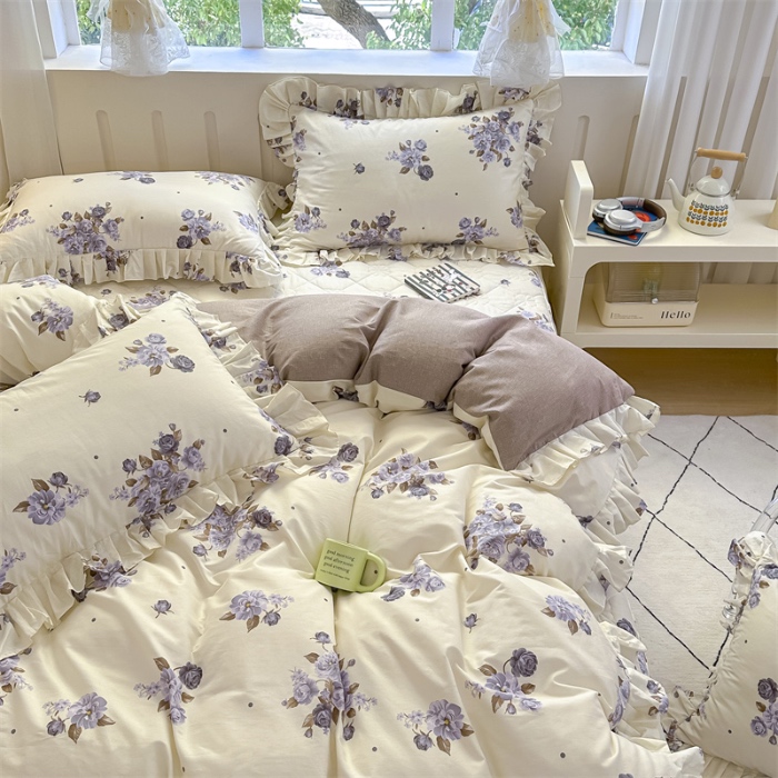 91家纺网 家纺一手货源 找家纺 忘忧草 2025新款全棉夹棉印花床裙四件套纯棉 婷锦
