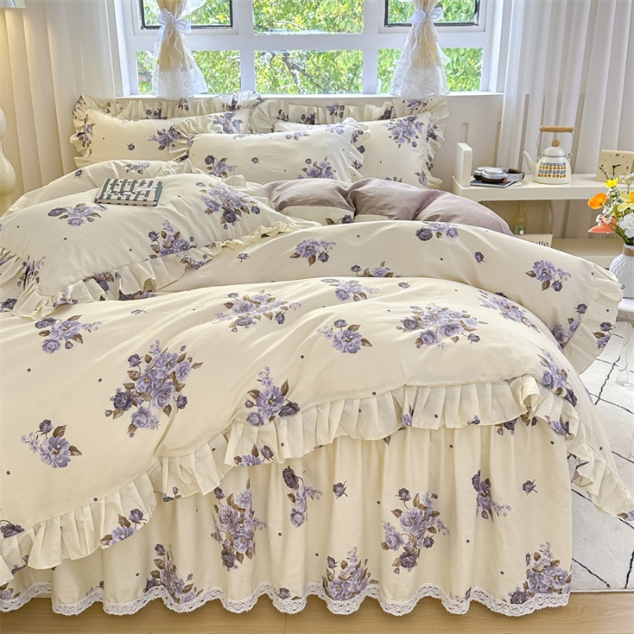 91家纺网 家纺一手货源 找家纺 忘忧草 2025新款全棉夹棉印花床裙四件套纯棉 婷锦