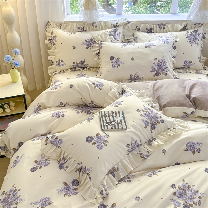 91家纺网 家纺一手货源 找家纺 忘忧草 2025新款全棉夹棉印花床裙四件套纯棉 婷锦