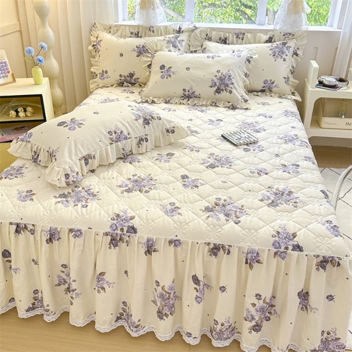 91家纺网 家纺一手货源 找家纺 忘忧草 2025新款全棉夹棉印花床裙四件套纯棉 婷锦