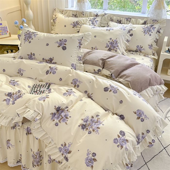 91家纺网 家纺一手货源 找家纺 忘忧草 2025新款全棉夹棉印花床裙四件套纯棉 婷锦