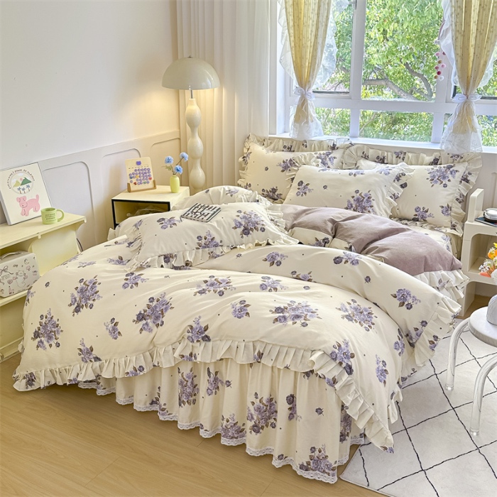 91家纺网 家纺一手货源 找家纺 忘忧草 2025新款全棉夹棉印花床裙四件套纯棉 婷锦