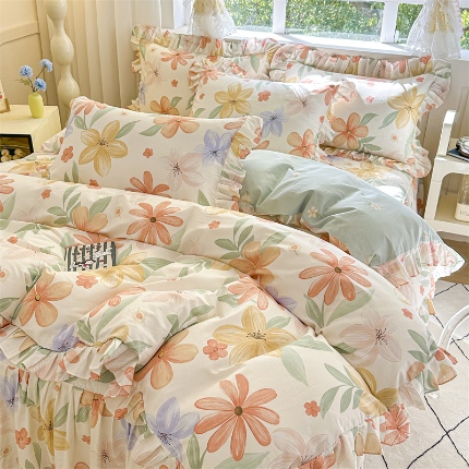 忘忧草 2025新款全棉夹棉印花床裙四件套纯棉 云裳花谷