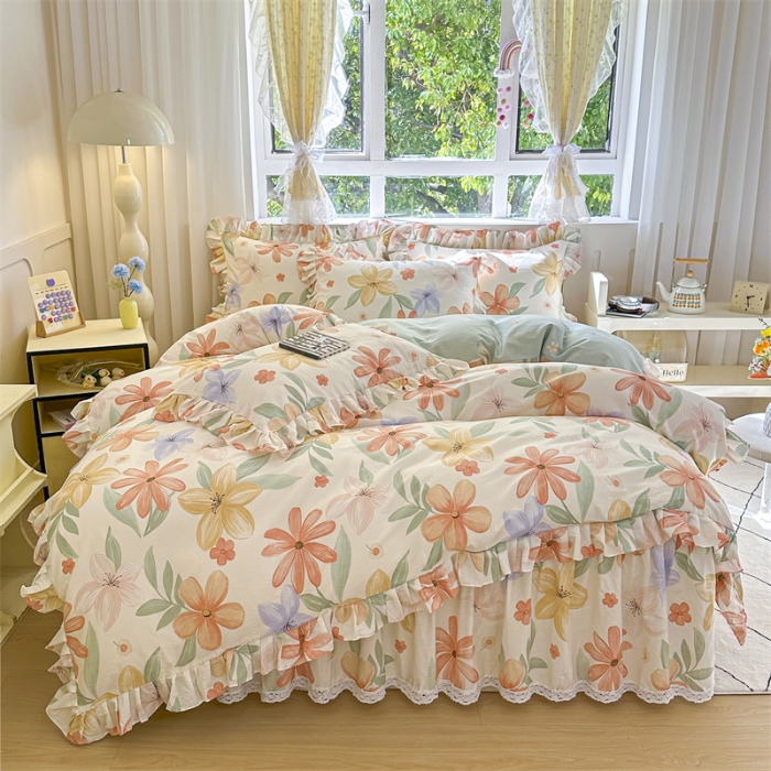 91家纺网 家纺一手货源 找家纺 忘忧草 2025新款全棉夹棉印花床裙四件套纯棉 云裳花谷