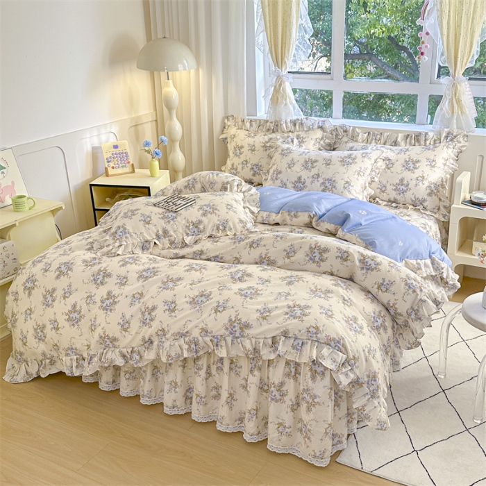 91家纺网 家纺一手货源 找家纺 忘忧草 2025新款全棉夹棉印花床裙四件套纯棉 云溪之境