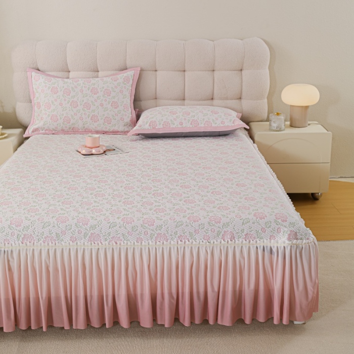 91家纺网 家纺一手货源 找家纺 （总） 2025新款复合三明治公主仙女风PE凉感凉豆豆床裙凉席三件套