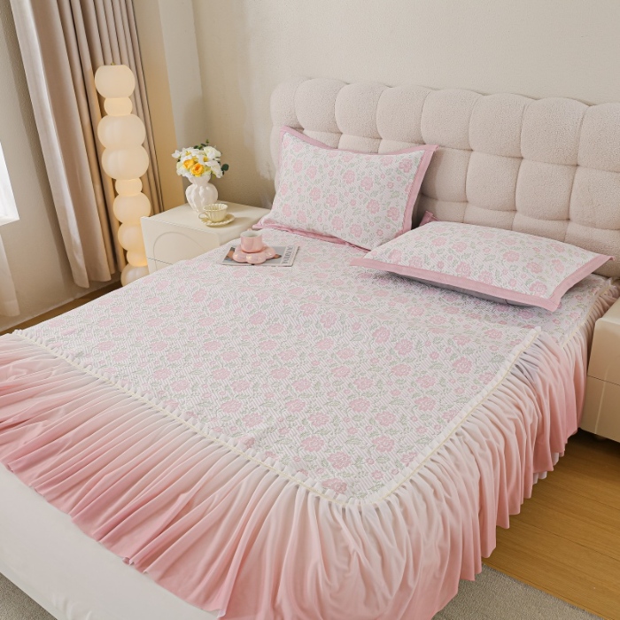 91家纺网 家纺一手货源 找家纺 （总） 2025新款复合三明治公主仙女风PE凉感凉豆豆床裙凉席三件套