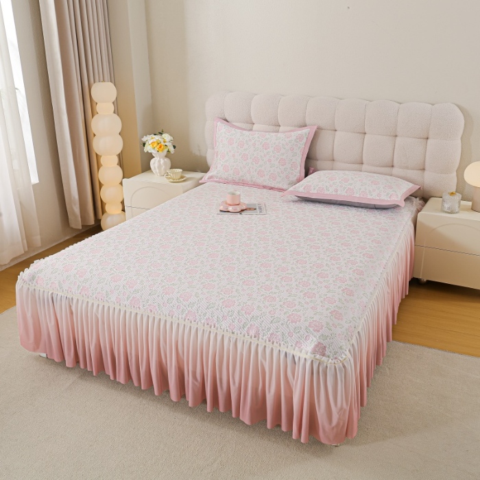 91家纺网 家纺一手货源 找家纺 （总） 2025新款复合三明治公主仙女风PE凉感凉豆豆床裙凉席三件套