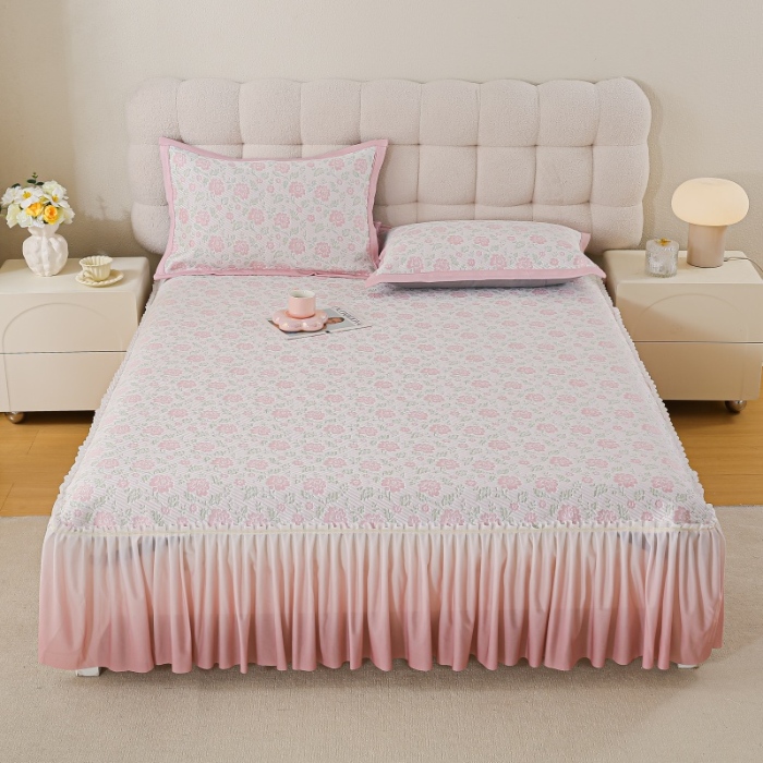 91家纺网 家纺一手货源 找家纺 （总） 2025新款复合三明治公主仙女风PE凉感凉豆豆床裙凉席三件套