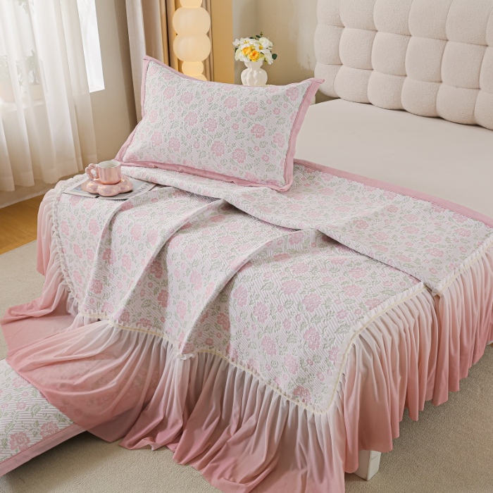 91家纺网 家纺一手货源 找家纺 （总） 2025新款复合三明治公主仙女风PE凉感凉豆豆床裙凉席三件套