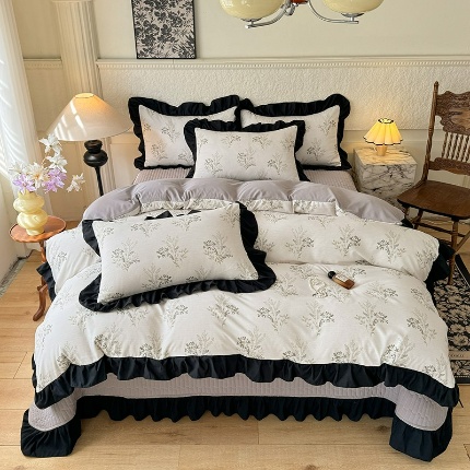 91家纺网 家纺一手货源 找家纺 苏米娜家纺法式A类母婴级针织双层纱床盖款四件套赫本风全棉纯棉麻泡泡棉小竺棉超柔水洗棉床单床盖款 赫本风-蝶舞 