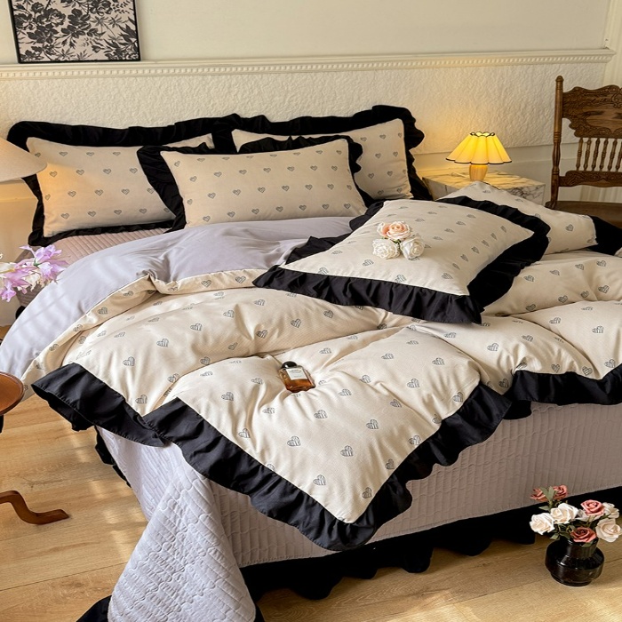 91家纺网 家纺一手货源 找家纺 苏米娜家纺法式A类母婴级针织双层纱床盖款四件套赫本风全棉纯棉麻泡泡棉小竺棉超柔水洗棉床单床盖款 赫本风-爱心  