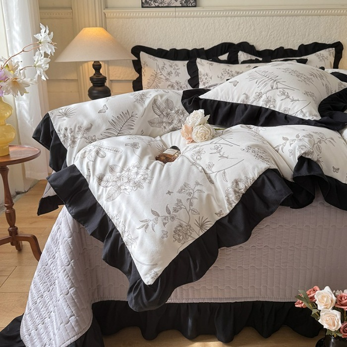 91家纺网 家纺一手货源 找家纺 苏米娜家纺法式A类母婴级针织双层纱床盖款四件套赫本风全棉纯棉麻泡泡棉小竺棉超柔水洗棉床单床盖款 赫本风-繁花 