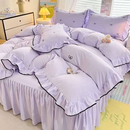 91家纺网 家纺一手货源 找家纺 （总）漫步云家纺2025春夏新品韩版花边超柔水洗棉四件套蝴蝶结刺绣全棉磨毛水洗棉麻双层纱色织水洗棉四件套