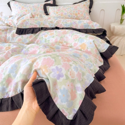 91家纺网 家纺一手货源 找家纺 （总）【苏东来】2025韩版蕾丝花边纯棉全棉双层纱四件套全棉纯棉小碎花印花四件套法式赫本公主风韩系皱皱纱花边四件套针织棉四件套件