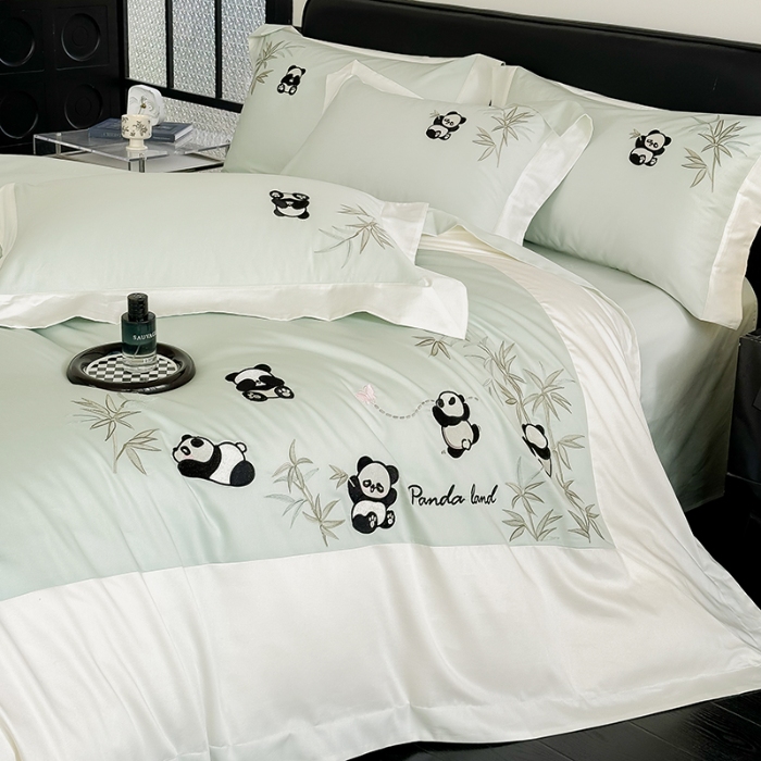 91家纺网 家纺一手货源 找家纺 春夏新品50*50S贡缎长绒棉刺绣四件套纯棉床单床笠高档礼盒装 清新绿-熊猫乐园-贡缎长绒棉