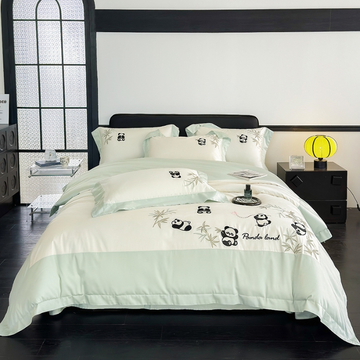 91家纺网 家纺一手货源 找家纺 春夏新品50*50S贡缎长绒棉刺绣四件套纯棉床单床笠高档礼盒装 白拼绿-熊猫乐园-贡缎长绒棉