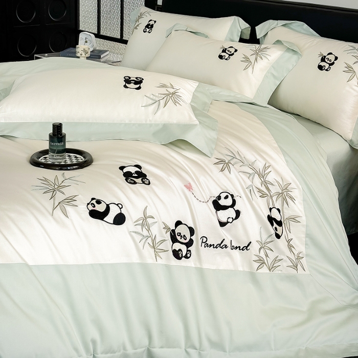 91家纺网 家纺一手货源 找家纺 春夏新品50*50S贡缎长绒棉刺绣四件套纯棉床单床笠高档礼盒装 白拼绿-熊猫乐园-贡缎长绒棉