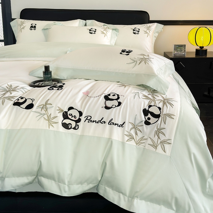 91家纺网 家纺一手货源 找家纺 春夏新品50*50S贡缎长绒棉刺绣四件套纯棉床单床笠高档礼盒装 白拼绿-熊猫乐园-贡缎长绒棉