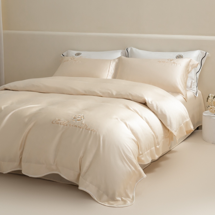 91家纺网 家纺一手货源 找家纺 春夏新品超细旦冷凝刺绣四件套100%莱赛尔高档礼盒装 鎏金--赫本-超细旦