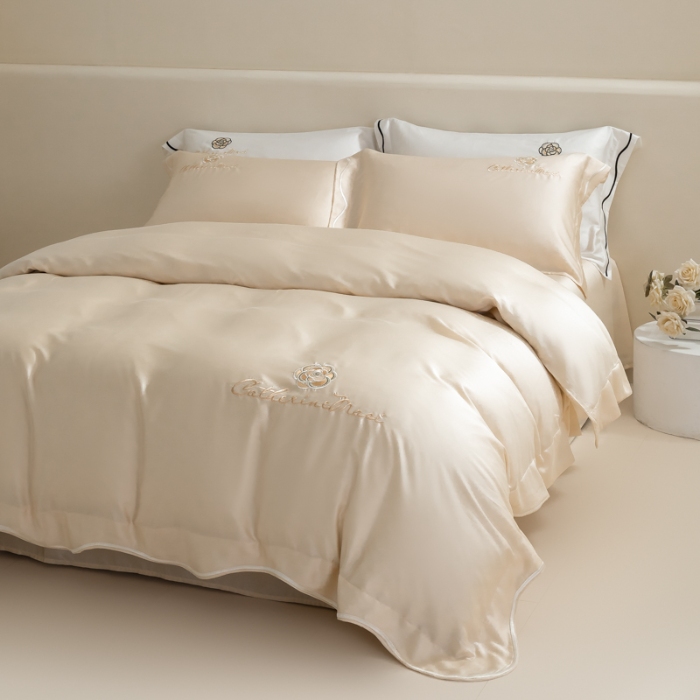 91家纺网 家纺一手货源 找家纺 春夏新品超细旦冷凝刺绣四件套100%莱赛尔高档礼盒装 鎏金--赫本-超细旦