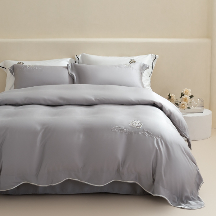 91家纺网 家纺一手货源 找家纺 春夏新品超细旦冷凝刺绣四件套100%莱赛尔高档礼盒装 烟灰-赫本-超细旦
