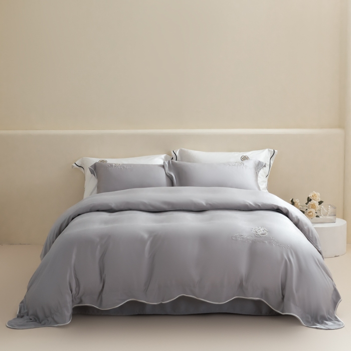 91家纺网 家纺一手货源 找家纺 春夏新品超细旦冷凝刺绣四件套100%莱赛尔高档礼盒装 烟灰-赫本-超细旦