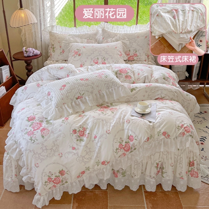 91家纺网 家纺一手货源 找家纺 罗艺轩 2025新款全棉印花床笠式花边床裙四件套 爱丽花园