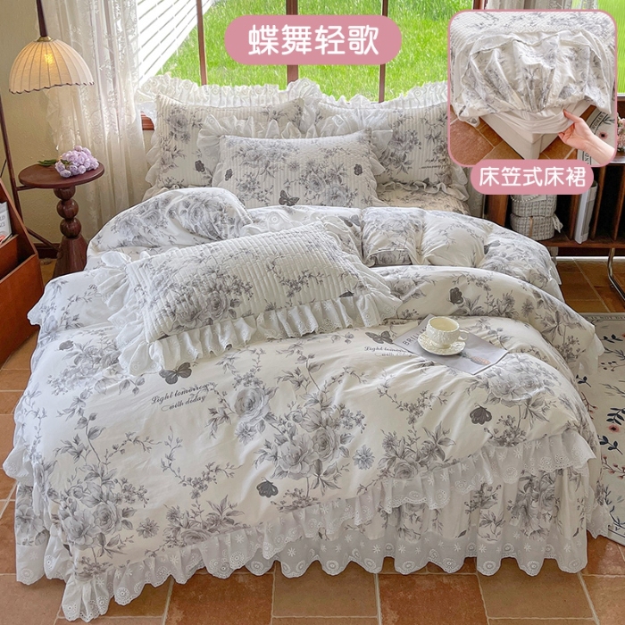 91家纺网 家纺一手货源 找家纺 罗艺轩 2025新款全棉印花床笠式花边床裙四件套 蝶舞轻歌