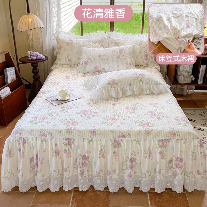 91家纺网 家纺一手货源 找家纺 罗艺轩 2025新款全棉印花床笠式床裙三件套 花清雅香