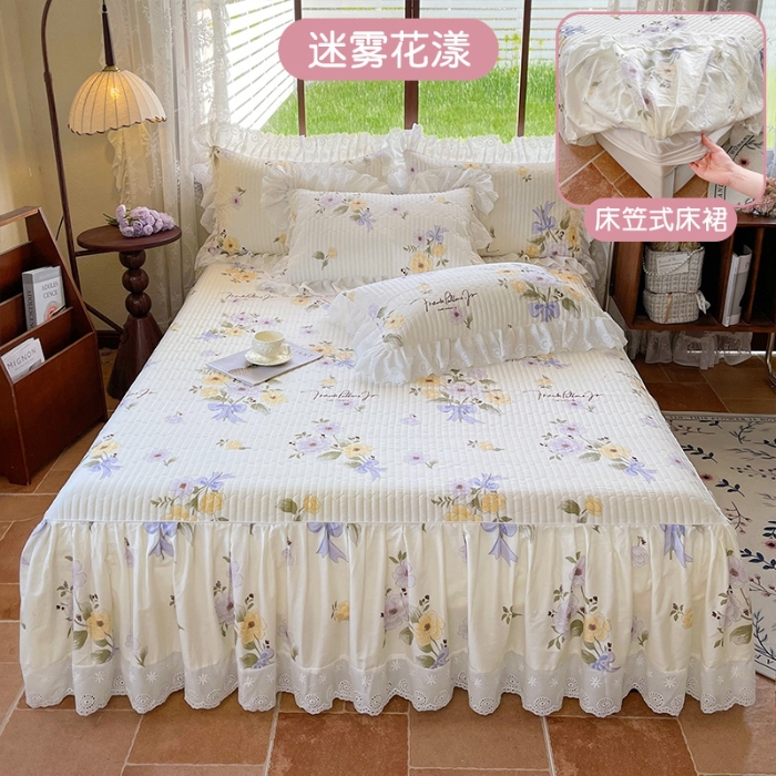 91家纺网 家纺一手货源 找家纺 罗艺轩 2025新款全棉印花床笠式床裙三件套 迷雾花漾