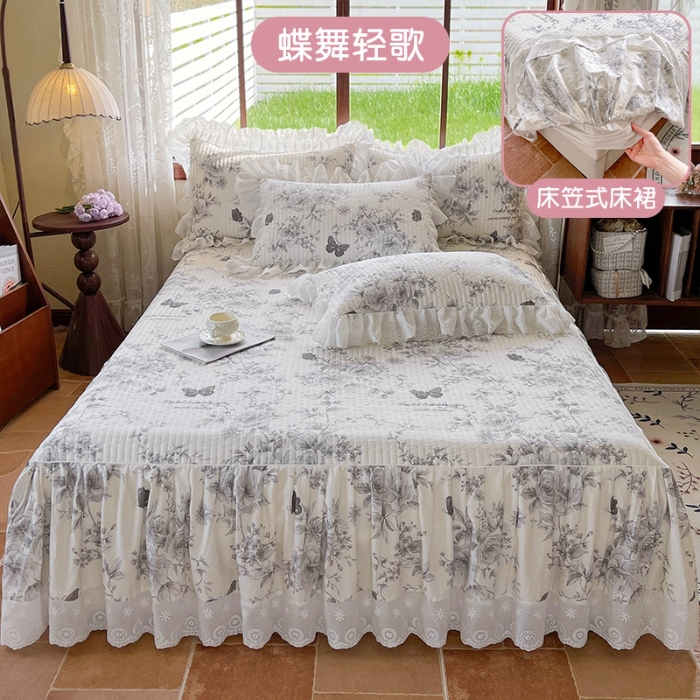 91家纺网 家纺一手货源 找家纺 罗艺轩 2025新款全棉印花床笠式床裙三件套 蝶舞轻歌