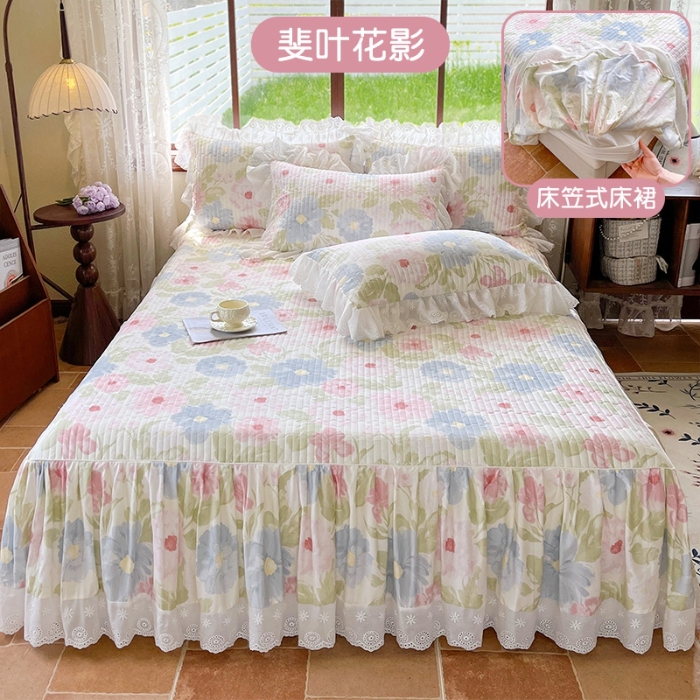 91家纺网 家纺一手货源 找家纺 罗艺轩 2025新款全棉印花床笠式床裙三件套 斐叶花影