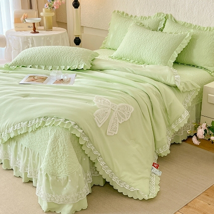 91家纺网 家纺一手货源 找家纺 （总）漫布云家纺 2025新款韩版公主粉蝴蝶结超柔水洗棉糯小棉夏被床盖款四件套
