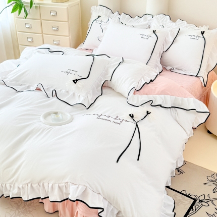 91家纺网 家纺一手货源 找家纺 （总）2025新款A类糯小棉立体花刺绣四件套 拼色绣花床盖三件套床单款四件套被套枕套单品雅韵系列