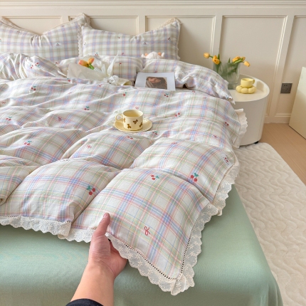 91家纺网 家纺一手货源 找家纺 （总）【苏东来】2025韩版蕾丝花边纯棉全棉双层纱四件套全棉纯棉小碎花印花四件套法式赫本公主风韩系皱皱纱花边四件套针织棉四件套件
