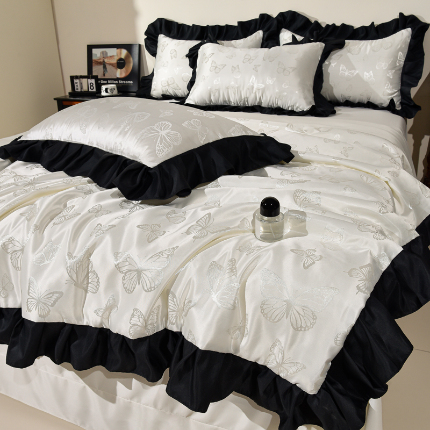 91家纺网 家纺一手货源 找家纺 迪梦姿家纺 2025春夏新款初夏水洗真丝蝴蝶提花夏被夏凉被空调被四件套 蝴蝶-佳人白