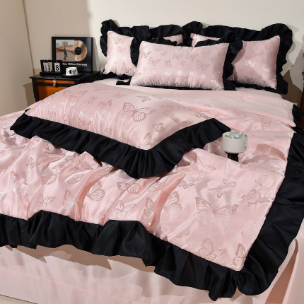 91家纺网 家纺一手货源 找家纺 迪梦姿家纺 2025春夏新款初夏水洗真丝蝴蝶提花夏被夏凉被空调被四件套 蝴蝶-佳人粉