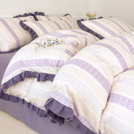 91家纺网 家纺一手货源 找家纺 （总）【苏东来】2025韩版木耳花边纯棉全棉双层纱四件套全棉纯棉小碎花印花四件套法式赫本公主风皱皱纱蕾丝花边四件套针织棉四件套件