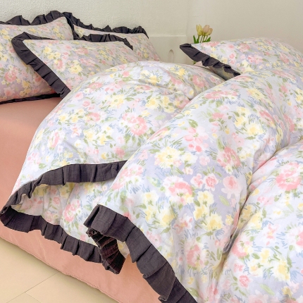 91家纺网 家纺一手货源 找家纺 （总）【苏东来】2025韩版木耳花边纯棉全棉双层纱四件套全棉纯棉小碎花印花四件套法式赫本公主风皱皱纱蕾丝花边四件套针织棉四件套件