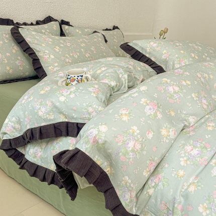 91家纺网 家纺一手货源 找家纺 （总）【苏东来】2025韩版木耳花边纯棉全棉双层纱四件套全棉纯棉小碎花印花四件套法式赫本公主风皱皱纱蕾丝花边四件套针织棉四件套件