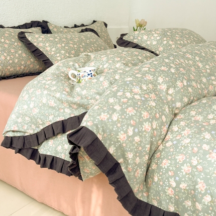 91家纺网 家纺一手货源 找家纺 （总）【苏东来】2025韩版木耳花边纯棉全棉双层纱四件套全棉纯棉小碎花印花四件套法式赫本公主风皱皱纱蕾丝花边四件套针织棉四件套件