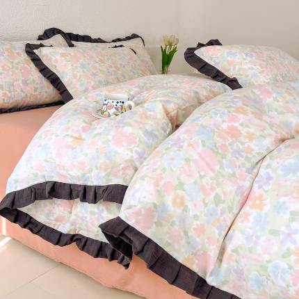 91家纺网 家纺一手货源 找家纺 （总）【苏东来】2025韩版木耳花边纯棉全棉双层纱四件套全棉纯棉小碎花印花四件套法式赫本公主风皱皱纱蕾丝花边四件套针织棉四件套件